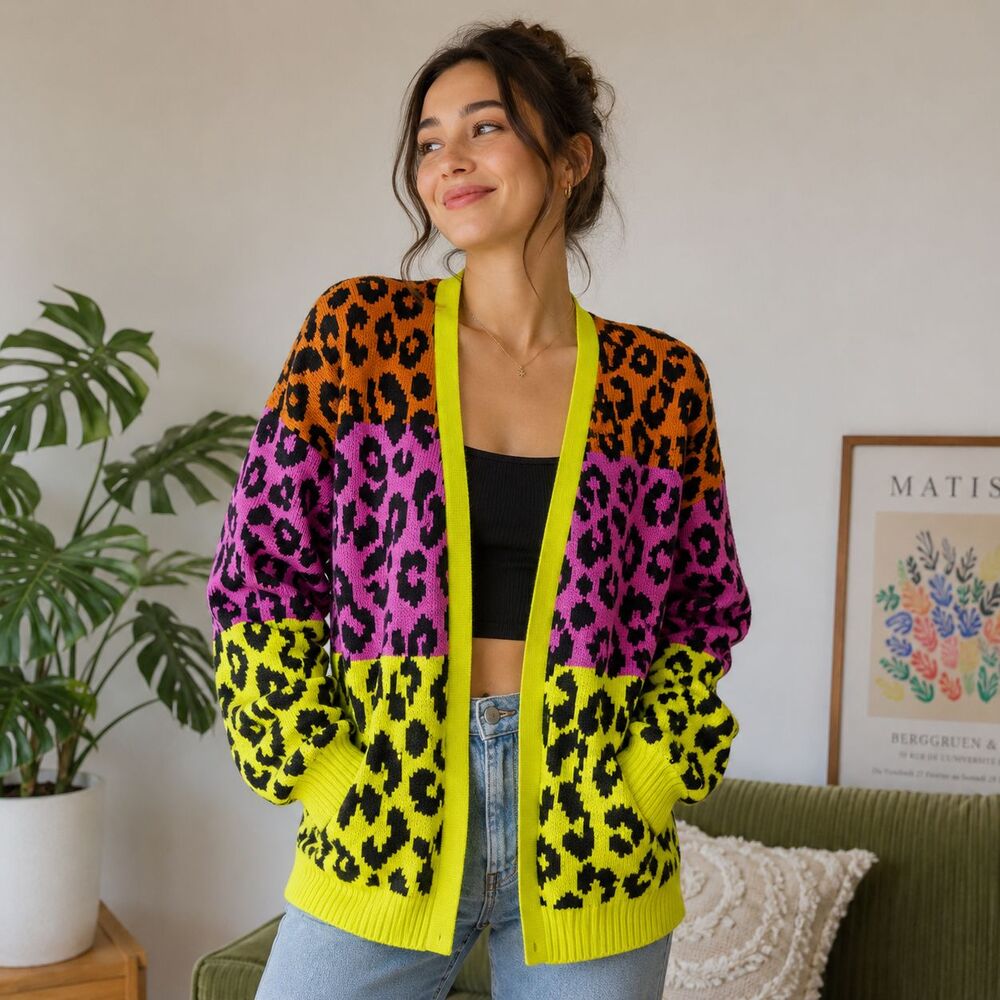 FARM Rio Mixed Leopards Cardigan XS Orange Purple Green Ombre Knit Open Front